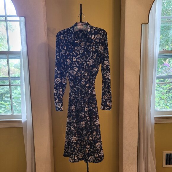 Ralph Lauren Navy Blue Floral Print Long-Sleeves Shirt Dress - Picture 2 of 6
